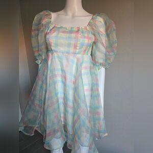 SHEIN Pastel Plaid Puff Sleeve Mini Dress